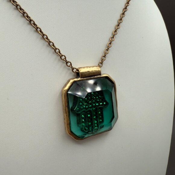 Green Hamsa Hand Pendant Necklace Antique Gold Tone Chain Lucky Brand - Picture 12 of 15